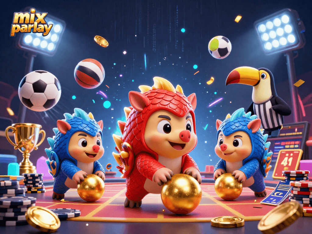 Rolling in the mix parlay action, rival pangolins compete with flying sports balls in a vibrant casino scene.
