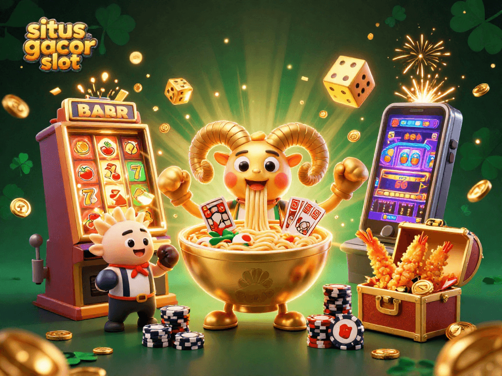 Ilustrasi situs gacor slot dengan karakter unik dalam suasana kasino yang meriah.