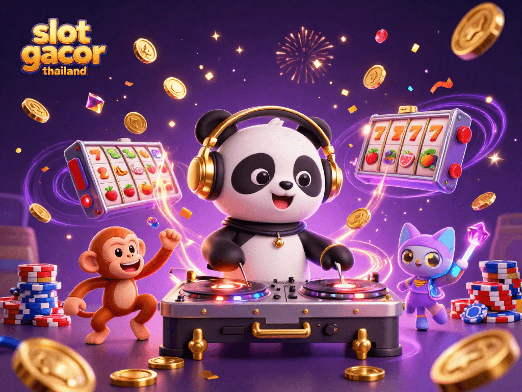 Spin the reels of slot gacor thailand with a lively DJ panda, dancing monkey, and rave kitten in a vibrant casino scene.