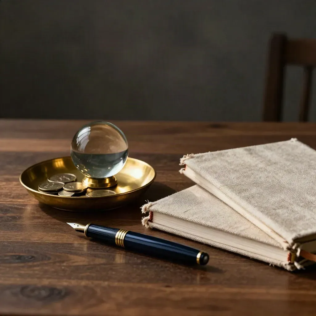 Brass paperweight, coin tray, linen ledger and pen cap on a walnut table