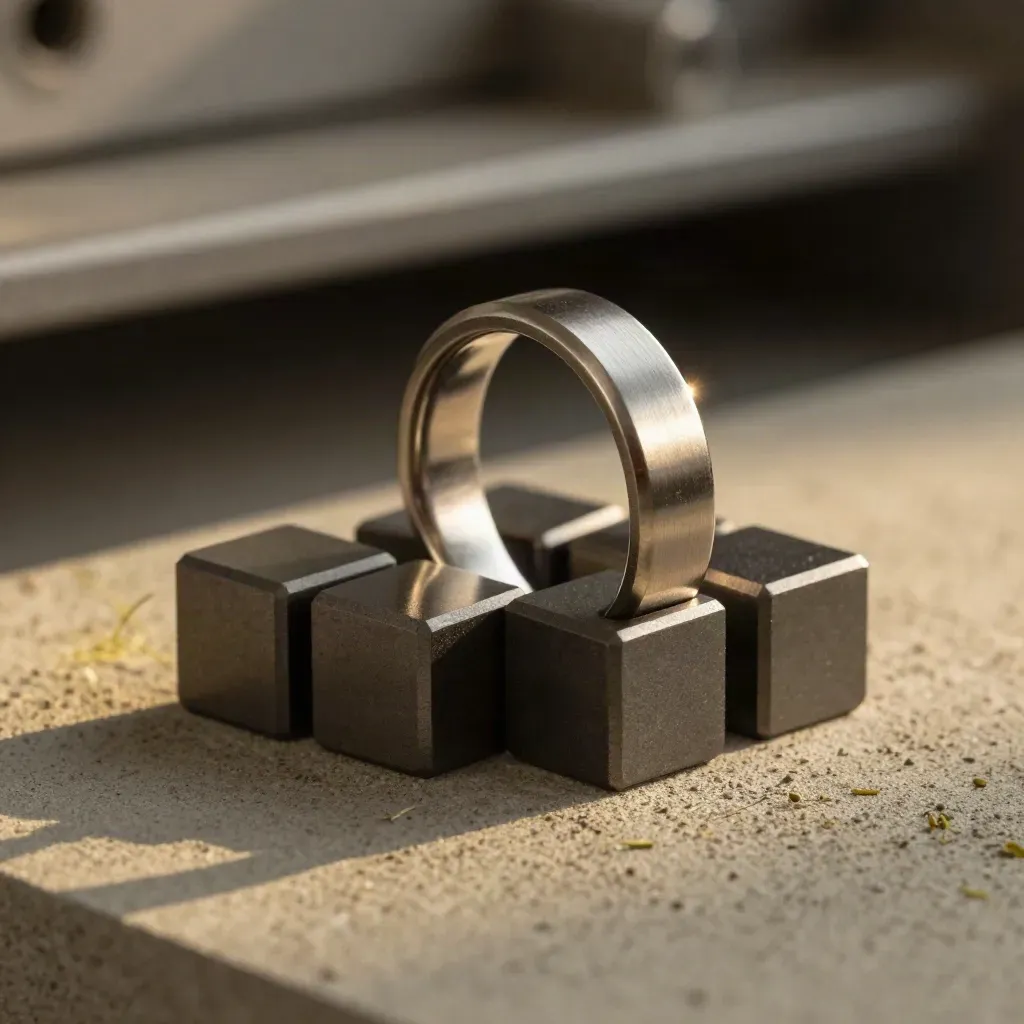 Macro of graphite cubes, machined rings, and a steel fob on khaki concrete.