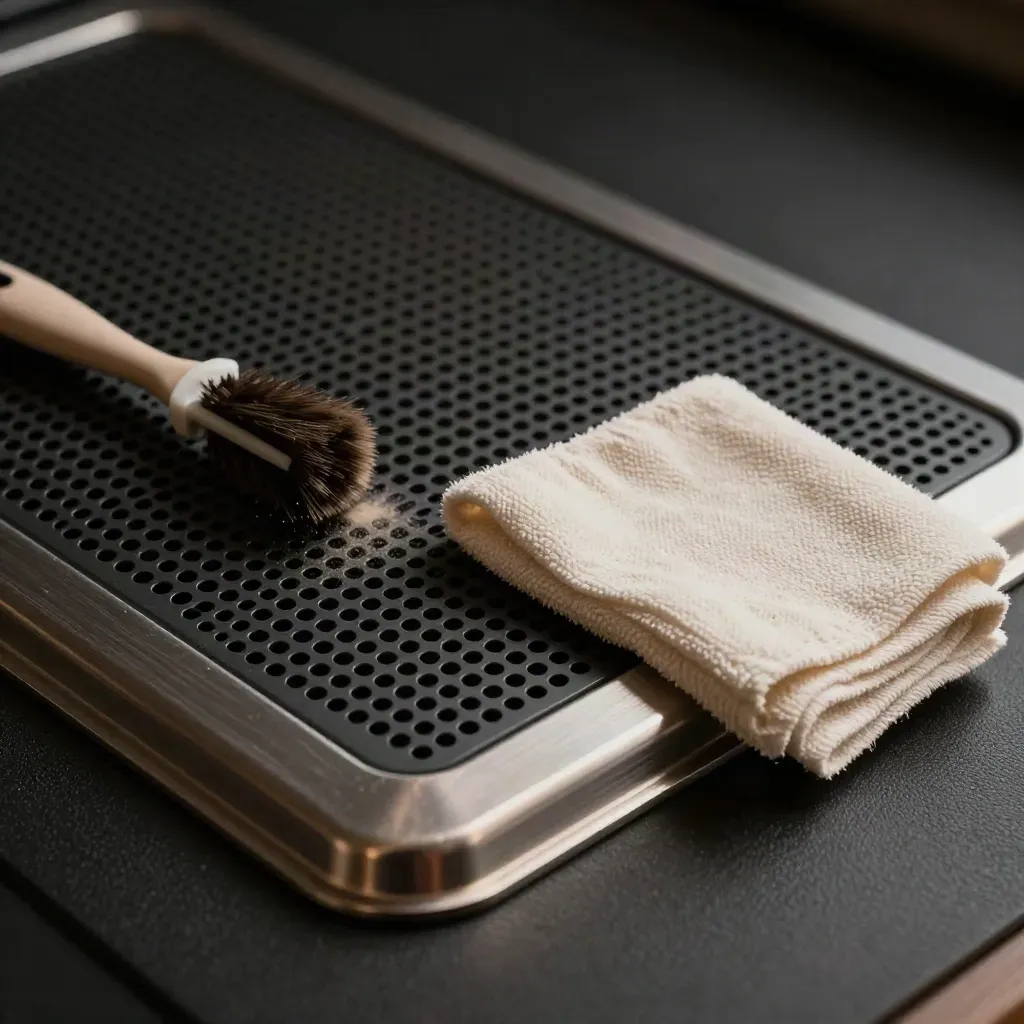 Freshly cleaned server intake grille with lint-free cloth and anti-static brush on a dark mat.