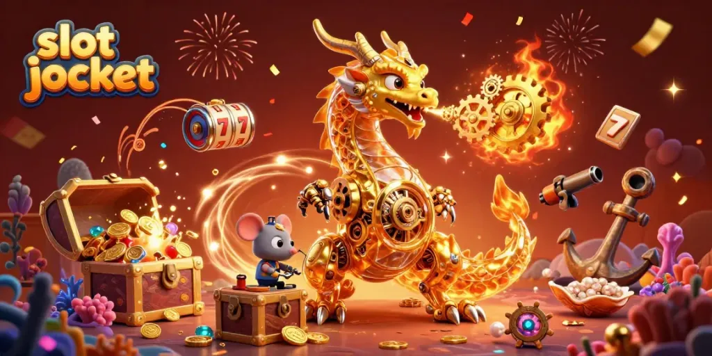 Engage with the thrill of the slot jackpot amidst gold and colorful gems in a fantastical scene.