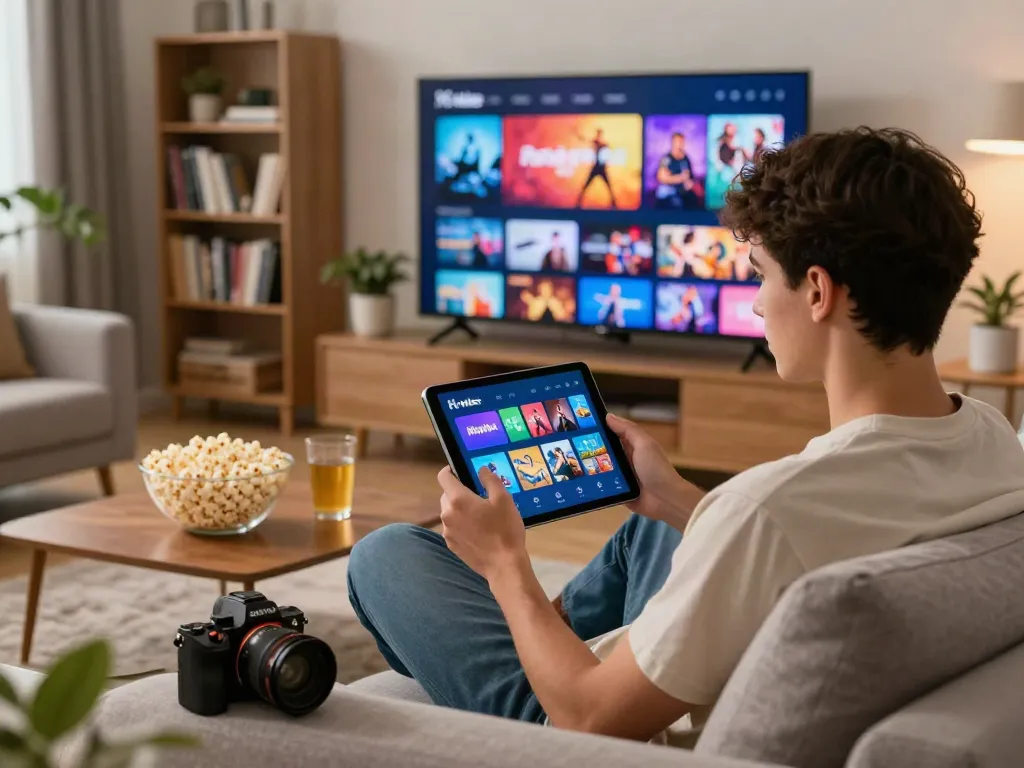 Engaged viewer enjoying the moviesbox app on a tablet in a cozy living room setting.