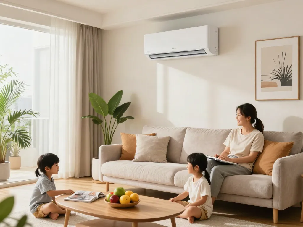 Ductless air conditioner in a bright family living room providing comfort for parents and children during playtime.