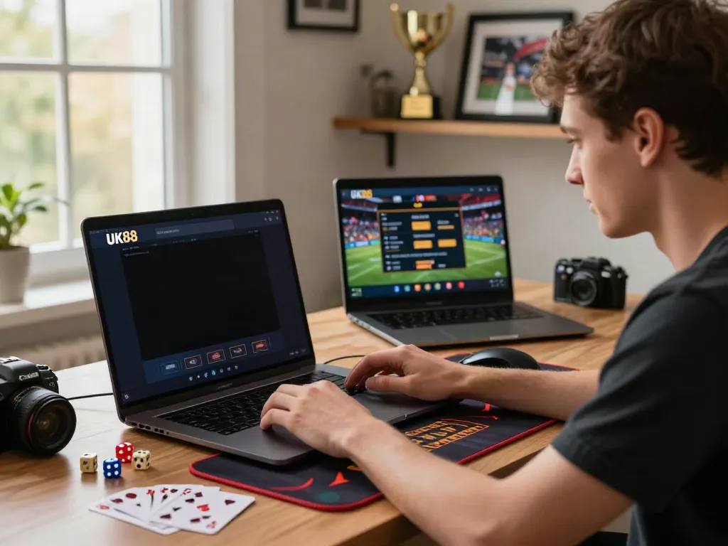 Engaged user gambling at UK88 platform in a modern home office setup.