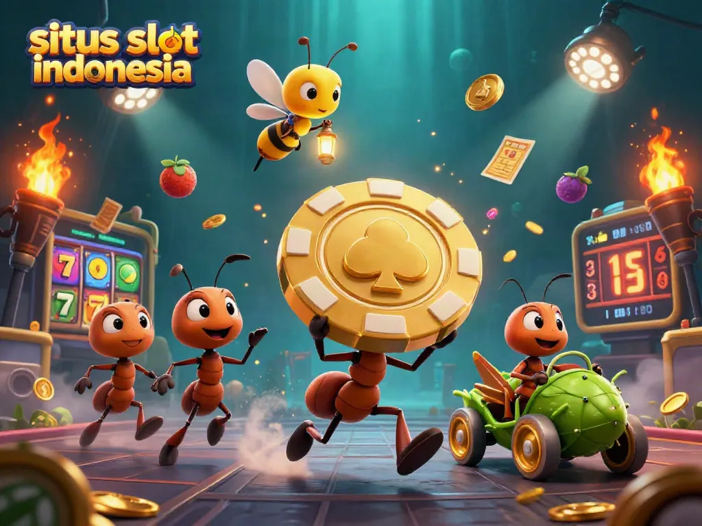 Experience situs slot indonesia with a thrilling illustration of animated ants carrying a giant poker chip through a vibrant scene.