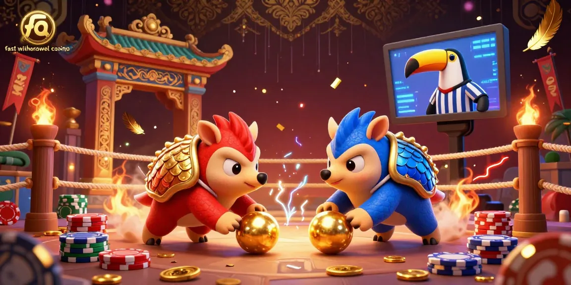 Fast withdrawal casino showcases lively pangolins competing amidst vibrant casino elements.